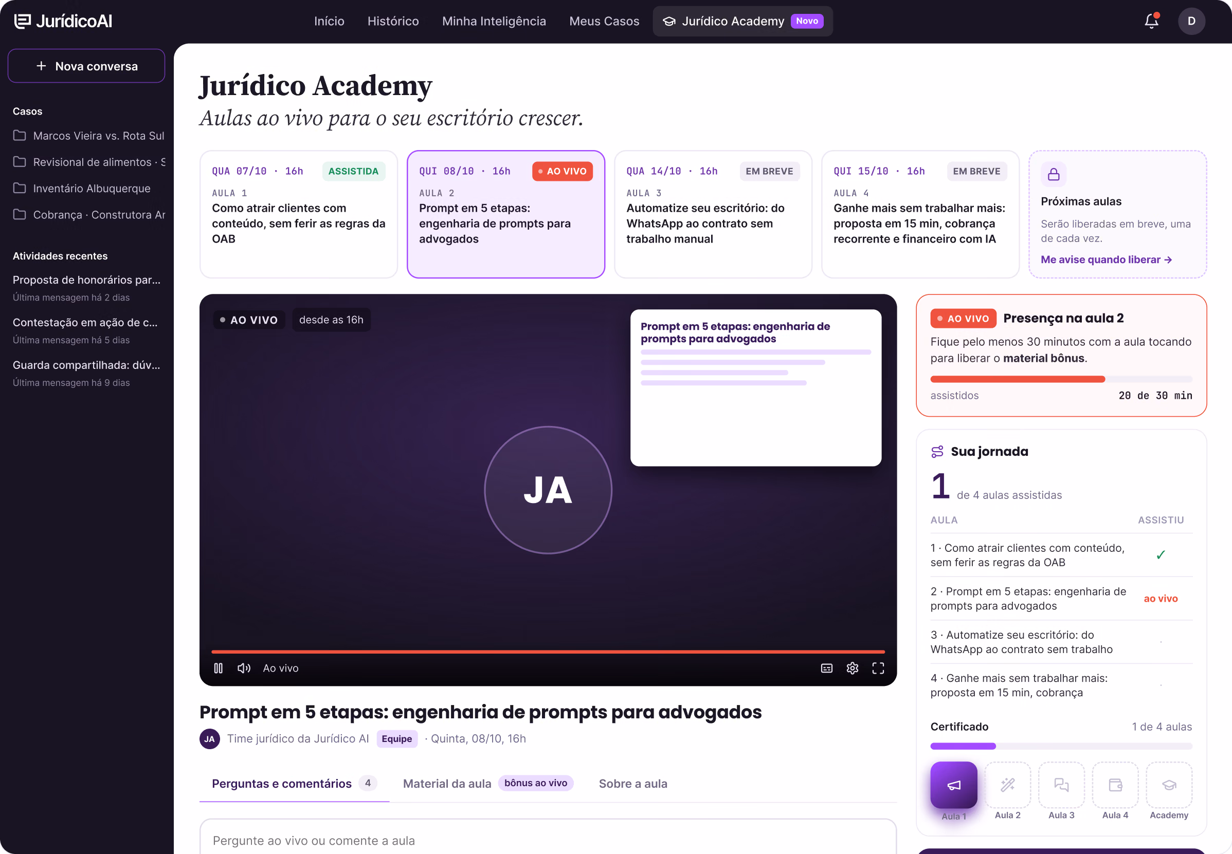 Jurídico Academy dentro da plataforma da Jurídico AI, com a aula 2 ao vivo
