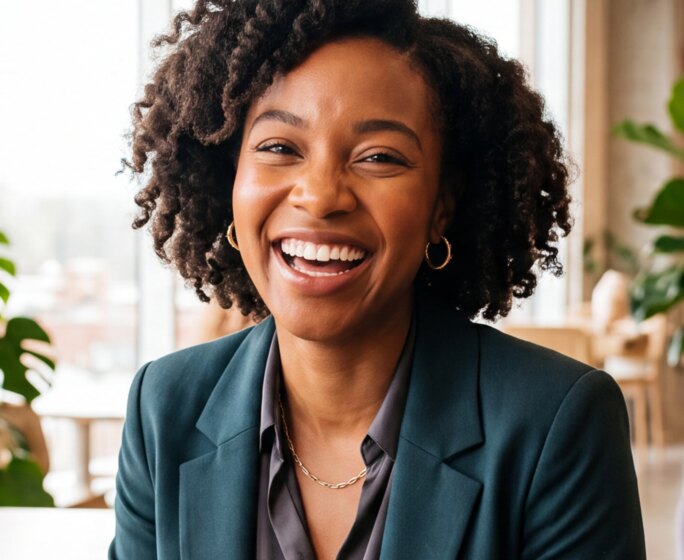 Advogada sorrindo em um escritório