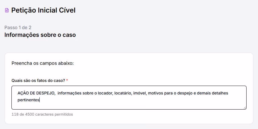 Tela para preencher informações sobre ação de despejo