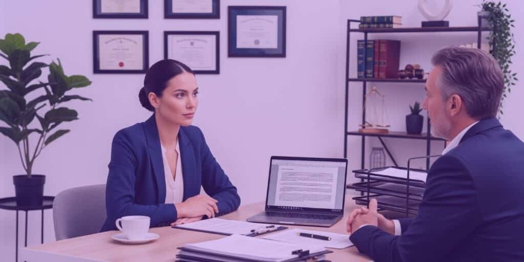 Dois advogados conversando sobre como implementar IA para advogados no trabalho.