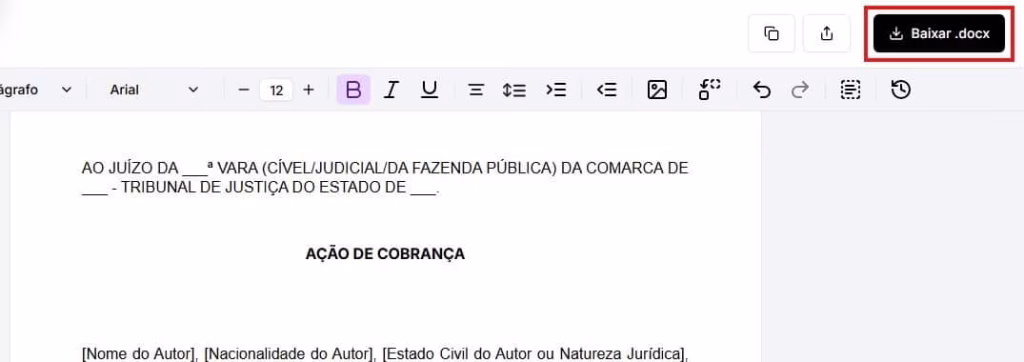 Tela para baixar ação de cobrança