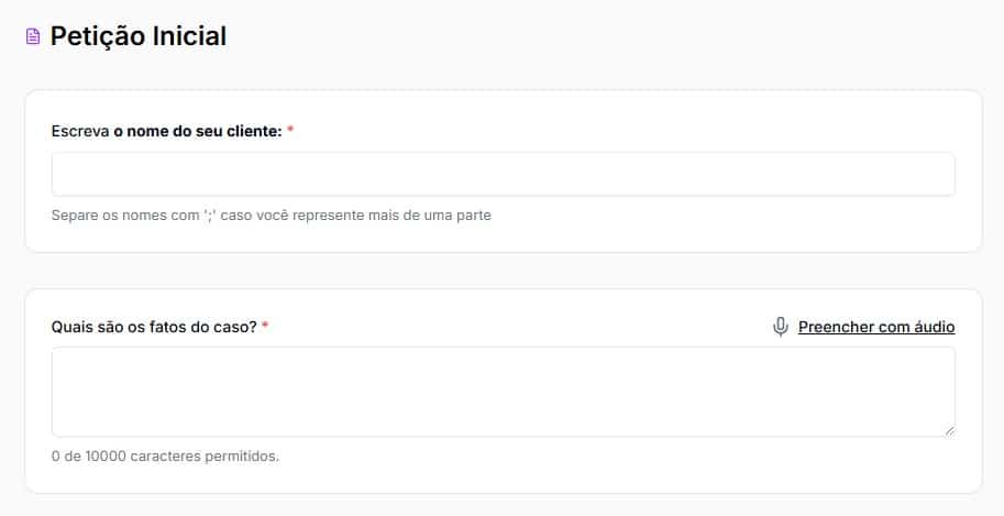 Tela para preencher com nome do seu cliente e fatos do caso