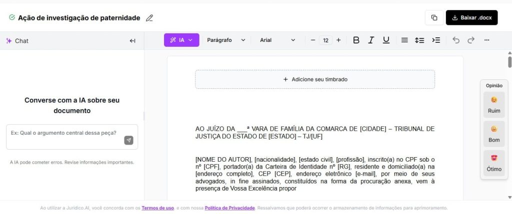 Tela para editar e baixar ação de investigação de paternidade