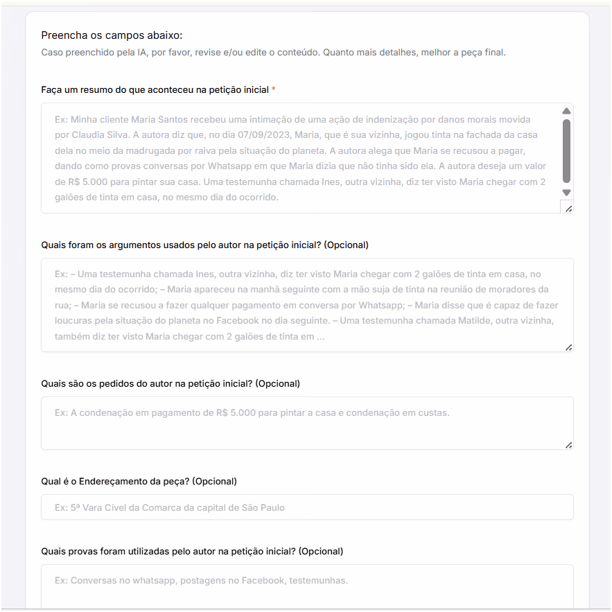 Preencher as informações necessárias para gerar a contestação. 
