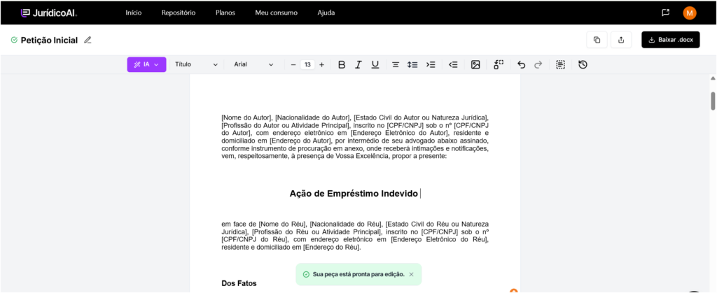 Ação de Empréstimo Indevido feito pela AI da Jurídico AI.