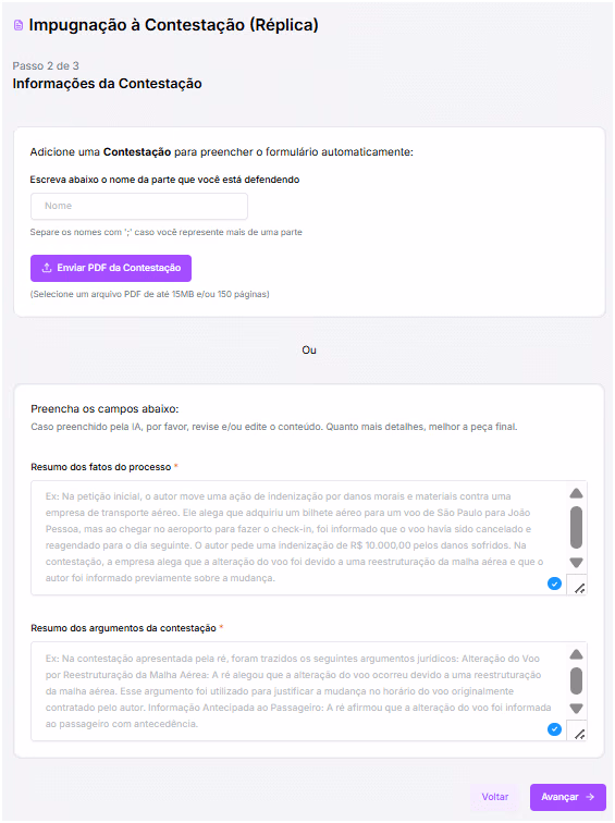 Informações da Contestação.