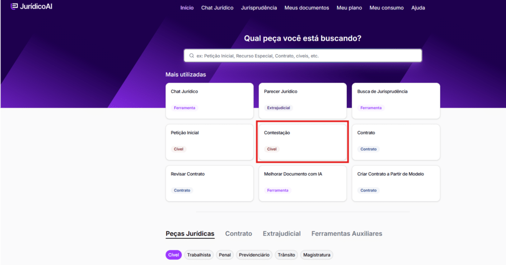 Escolha a opção “Contestação” no menu principal.