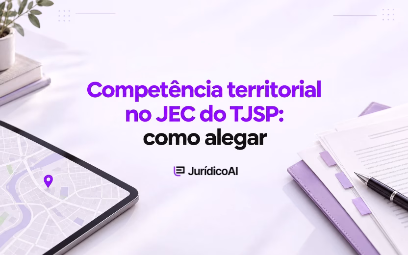 Capa sobre competência territorial no JEC do TJSP, com tablet exibindo mapa e documentos processuais nas laterais