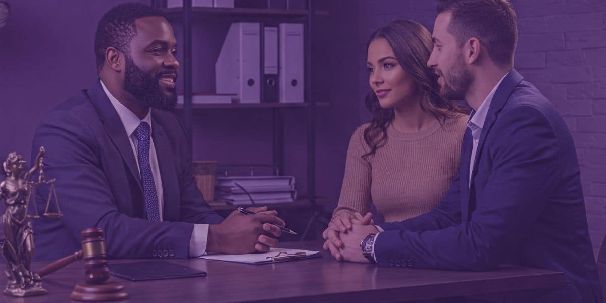 A imagem mostra um casal conversando com um advogado em um ambiente de escritório, sugerindo uma consulta jurídica.