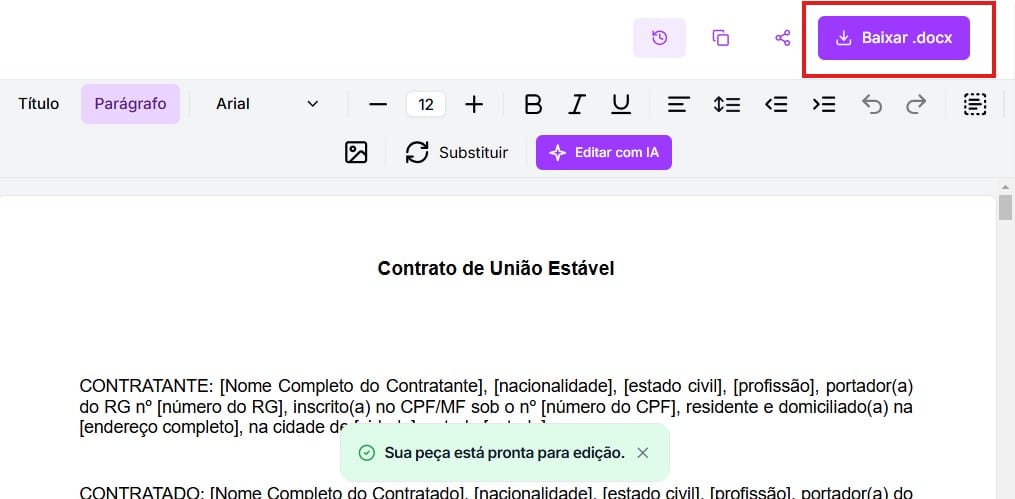 Tela para baixar o contrato