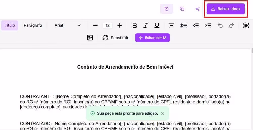 Tela para baixar o contrato