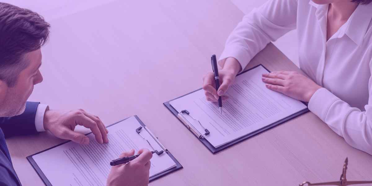 Dois advogados conversando sobre contrato de prestação de serviço.