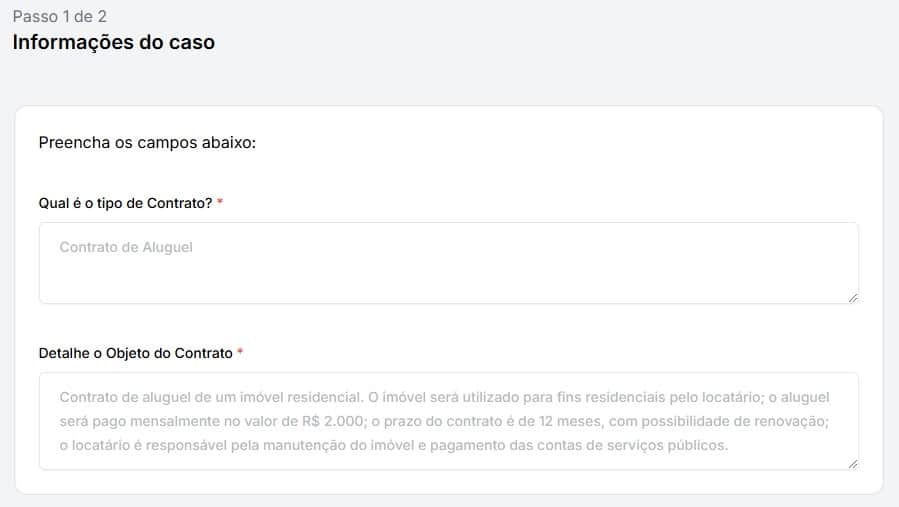 Tela para selecionar tipo de contrato