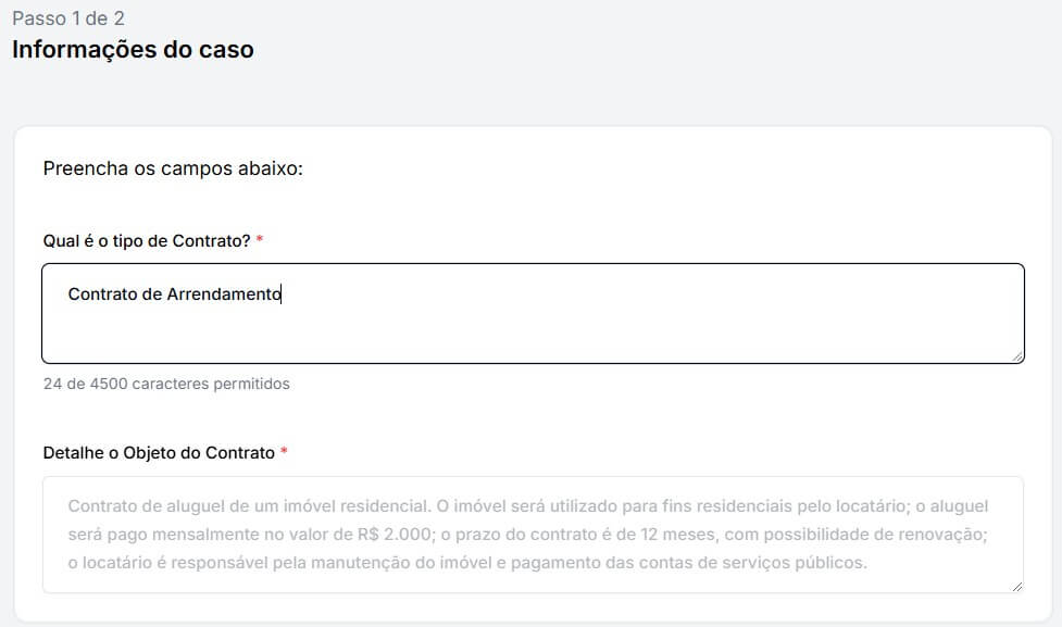 Tela para preencher informações sobre o contrato