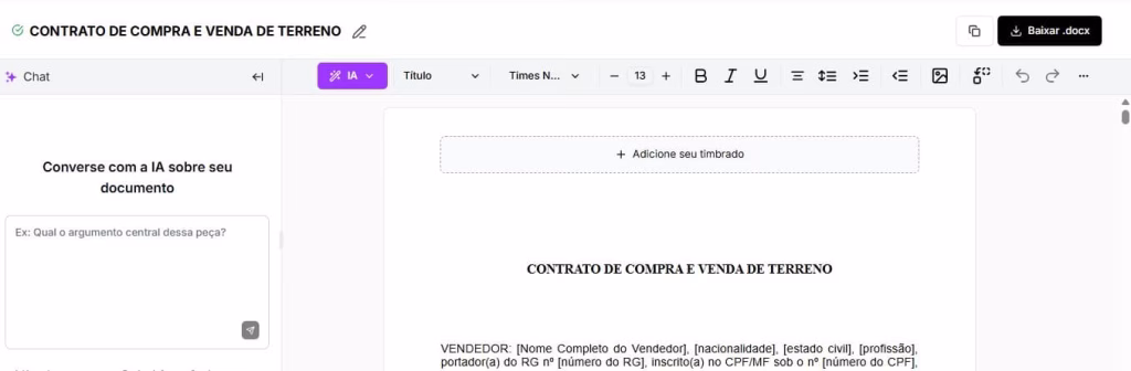 Tela de editar e baixar contrato de compra e venda de terreno