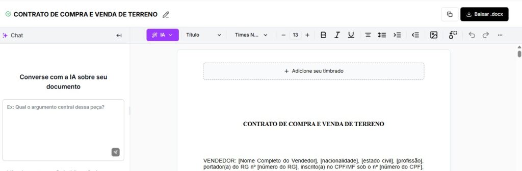 Tela de editar e baixar contrato de compra e venda de terreno