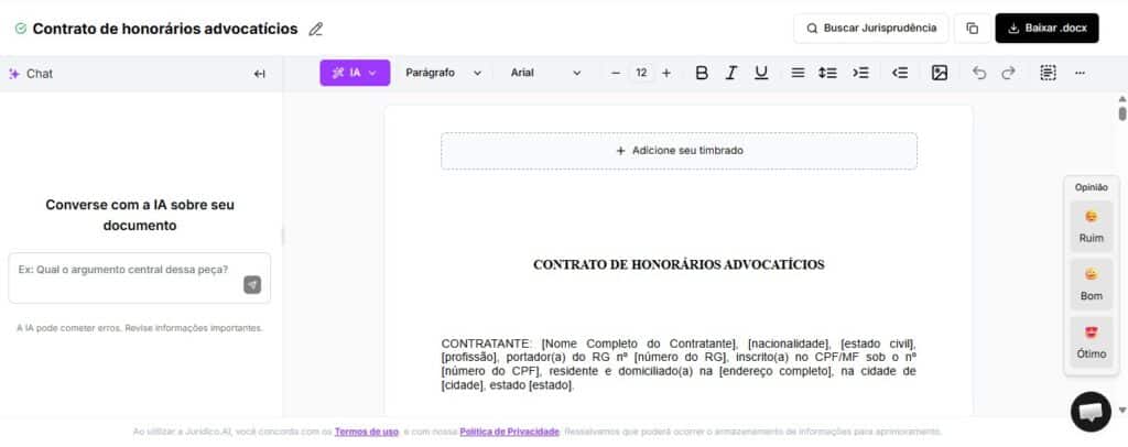 Tela para editar e baixar Contrato de Honorários Advocatícios