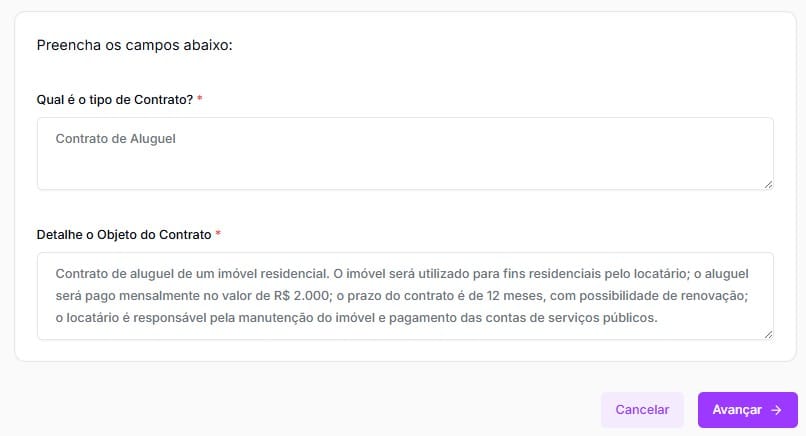 Tela para preencher informações do Contrato de Honorários Advocatícios