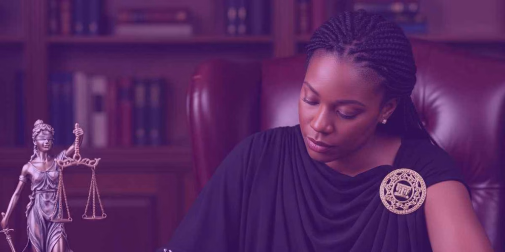 A imagem mostra uma juíza em um ambiente formal de trabalho, concentrada ao assinar documentos. Ao seu lado, a estátua da deusa da justiça e um martelo de juiz reforçam o simbolismo da imparcialidade e da autoridade judicial. O cenário, com uma estante cheia de livros jurídicos ao fundo, representa o contexto de decisões e julgamentos. Esta imagem ilustra bem o papel da Lei 14.976/2024: Alteração no CPC sobre competência de JECs, que reformulou as regras de competência dos Juizados Especiais Cíveis (JECs), visando facilitar e agilizar a resolução de conflitos de menor complexidade, promovendo uma justiça mais acessível e eficaz.