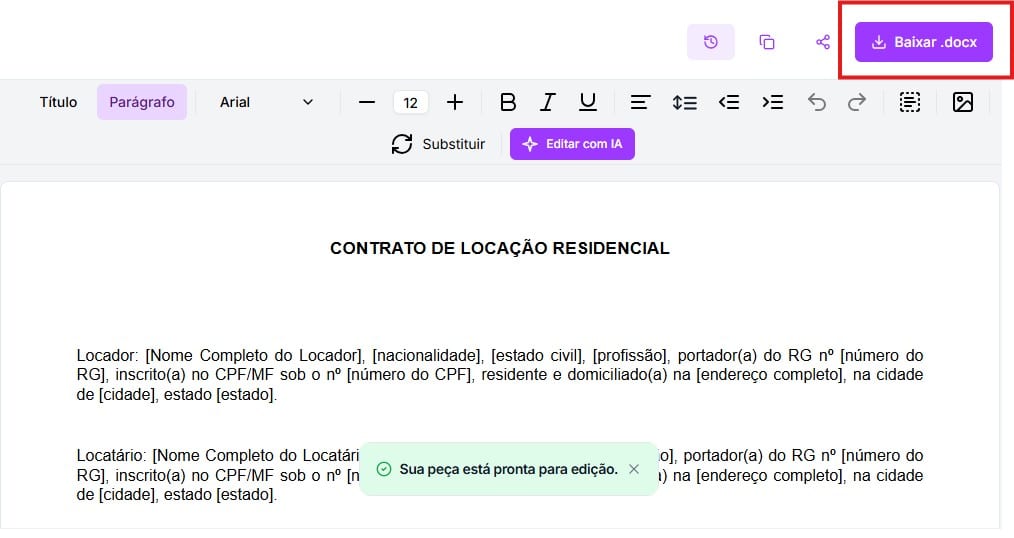 Tela para baixar documento