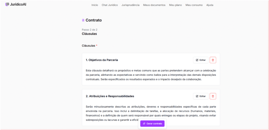 Revise as cláusulas do contrato de Parceria gerado na plataforma da Jurídico AI.