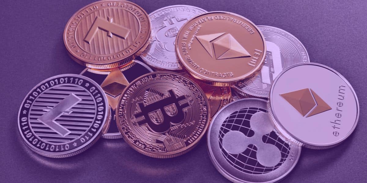 Variedade de Criptomoedas, como: Bitcoin, Ethereum e outras altcoins.
