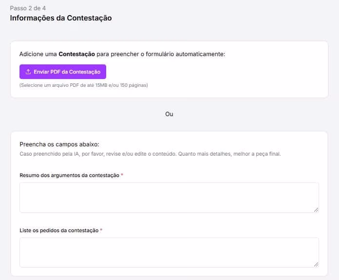 Tela para preencher informações sobre a contestação