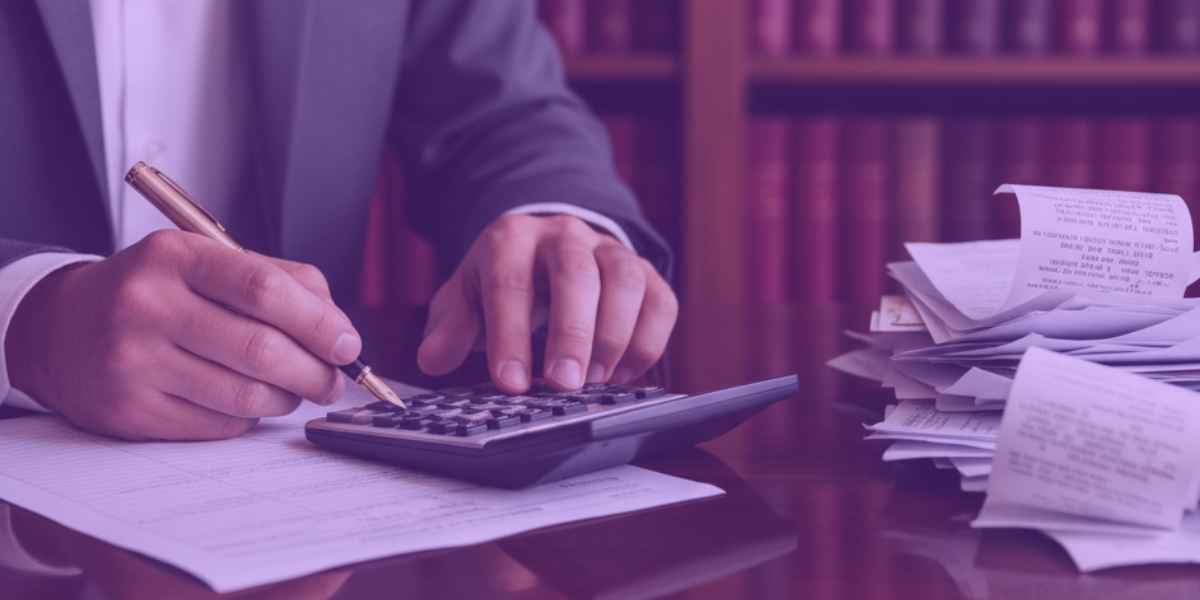 Renegociação de Dívidas Um advogado em um escritório, revisando documentos e utilizando uma calculadora, simbolizando o processo de renegociação de dívidas.