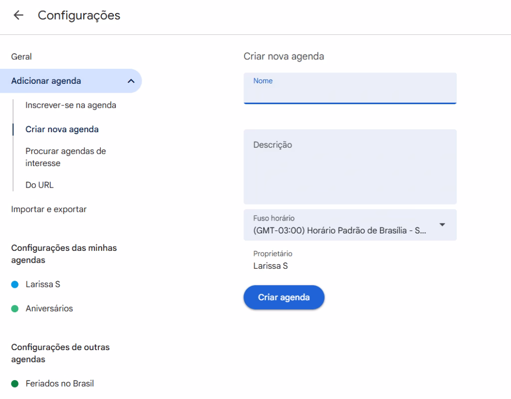 Google Agenda - criar nova agenda