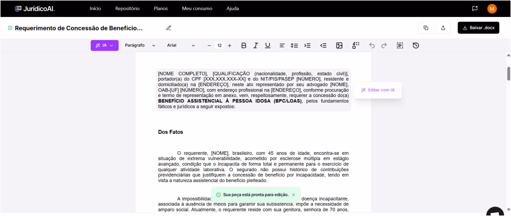  Requerimento Administrativo gerado pela plataforma, da Jurídico AI. 