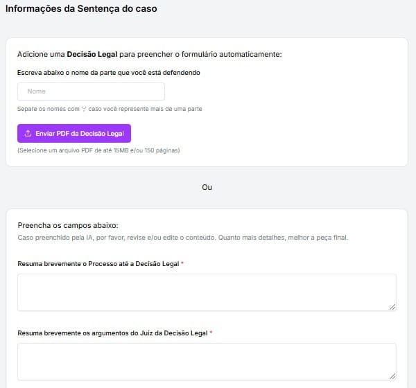 Tela para preencher informações sobre a sentença