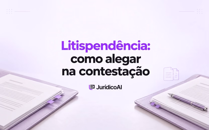 Capa sobre litispendência na contestação, com duas pastas de documentos processuais e uma caneta nas laterais.