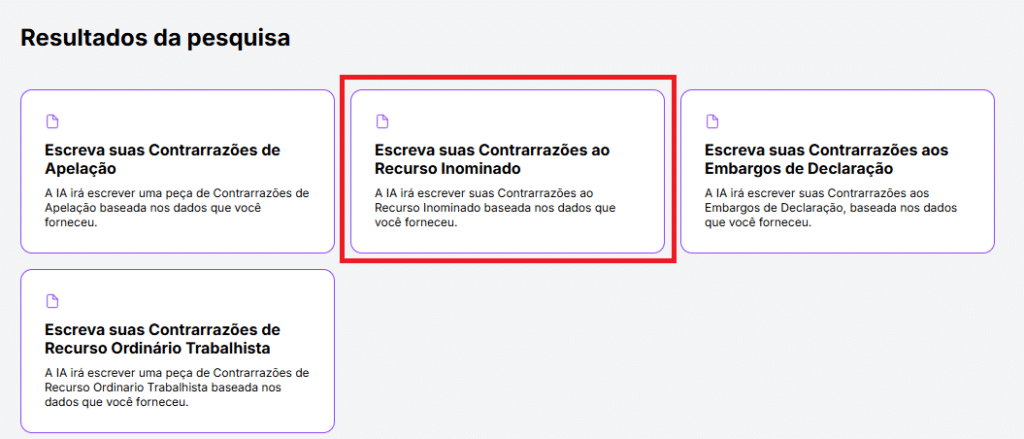 Tela para pesquisar e selecionar "Escreva as Contrarrazões ao Recurso Inominado"