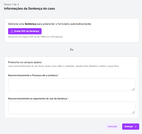 Tela para preencher informações sobre a sentença do caso