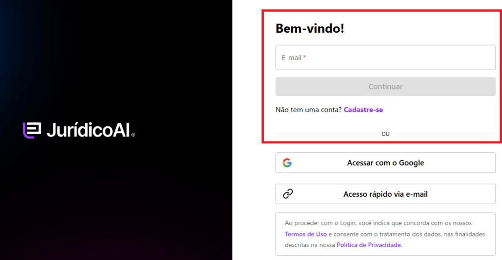 Tela de acesso da Jurídico AI
