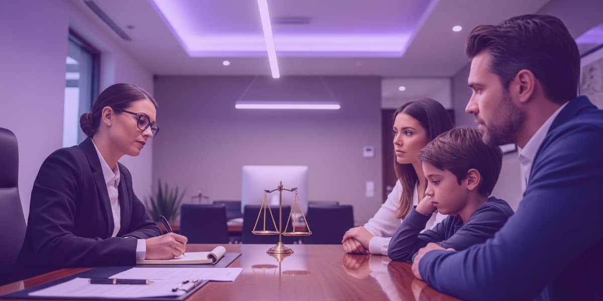 Um pai e uma mãe, junto com o filho, representando a guarda unilateral.