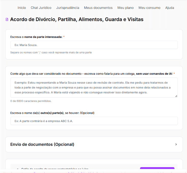 Preenchimento de informações para criar o modelo de divórcio consensual.