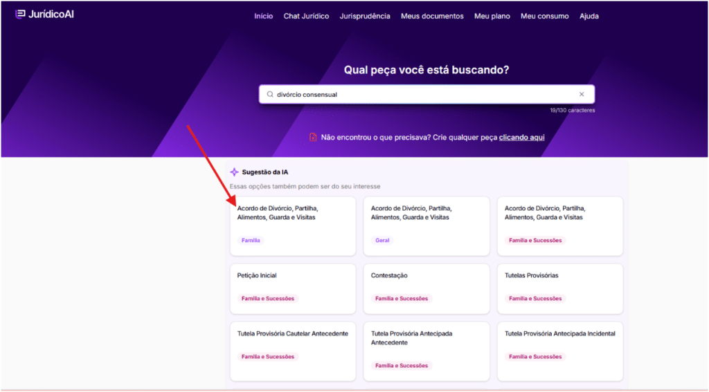 Tela do app da Jurídico AI para criar o modelo de divórcio consensual.