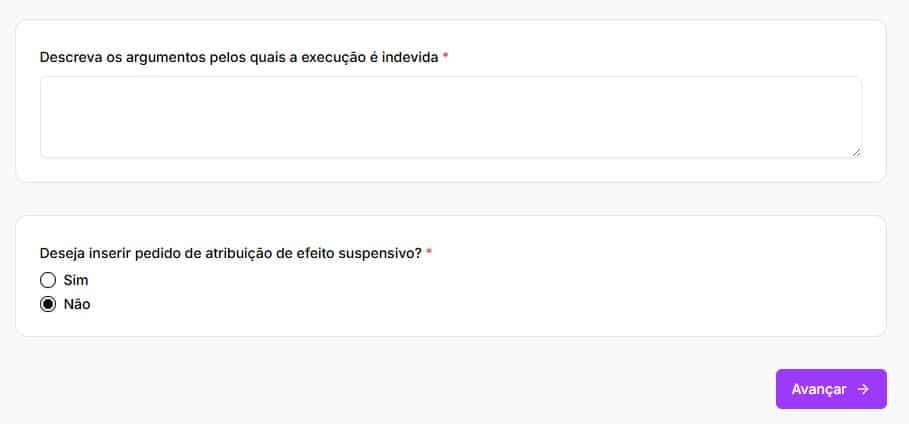 Tela para descrever os argumentos pelos quais a execução é indevida
