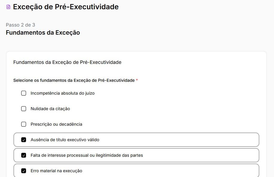 Tela para preencher fundamentos da exceção