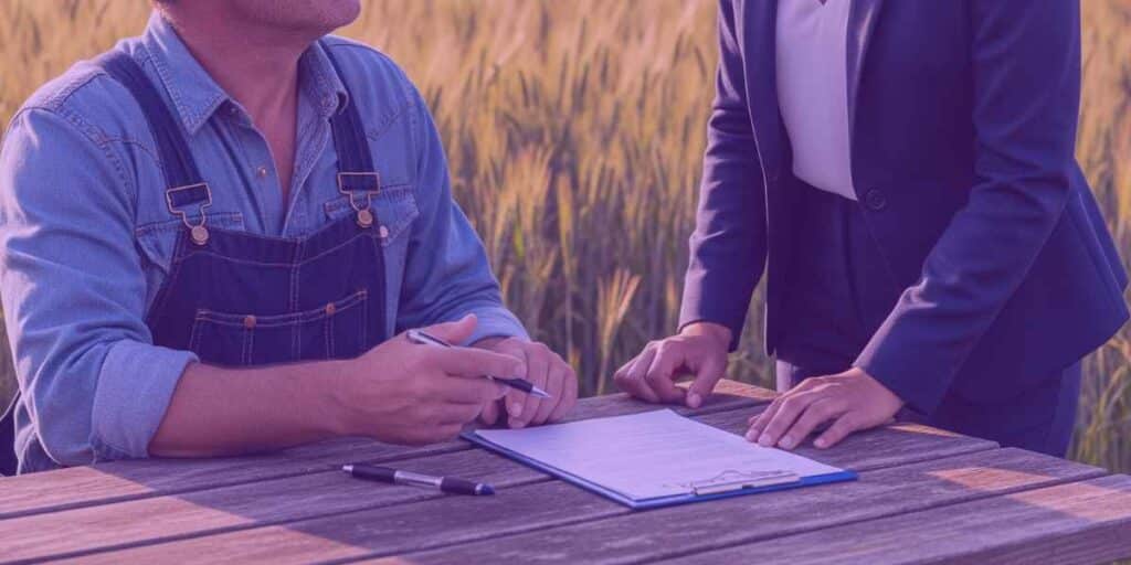 Advogada explicando os tipos de contratos agrários para o agricultor