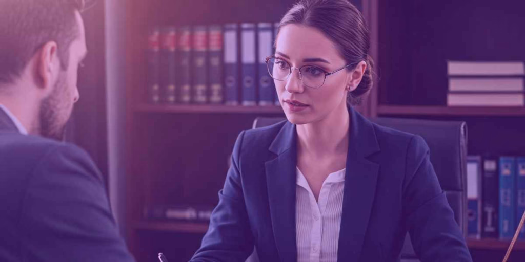 Advogada orientando seu cliente sobre como agir diante do crime de estelionato