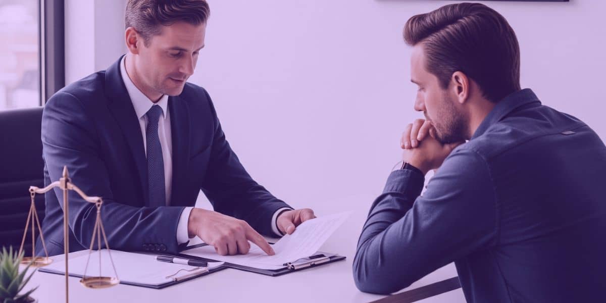 Um advogado conversando com seu cliente sobre cessão de direitos hereditários.