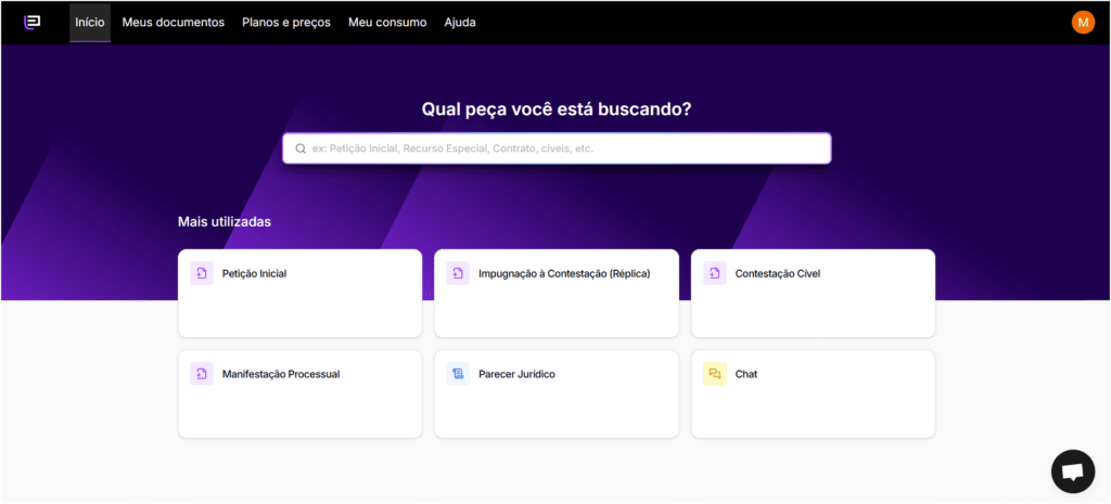 Tela da Jurídico AI para escolher a opção "Petição Inicial".