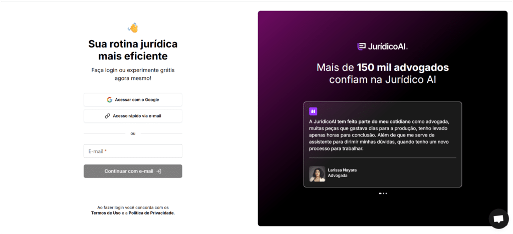 Tela de login da Jurídico AI