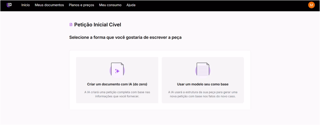 Tela de escolha para "Criar um documento com IA (do zero) ou "Usar um modelo seu como base". 