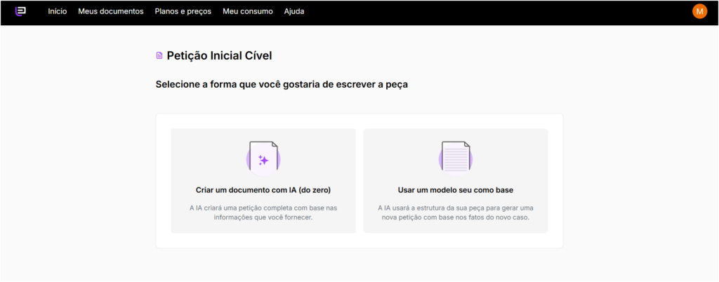 Tela de escolha para "Criar um documento com IA (do zero) ou "Usar um modelo seu como base".