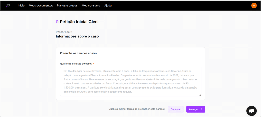 Tela para descrever as informações sobre o caso.