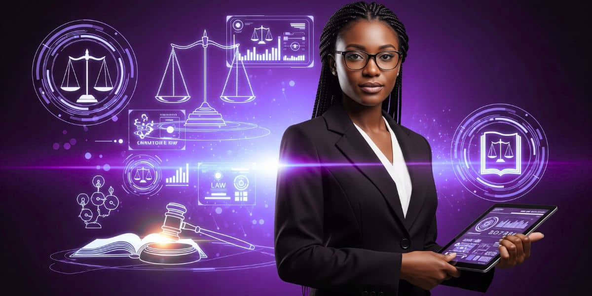 Uma advogada analisando soluções de IA jurídica, como o ChatGPT Jurídico e a Jurídico AI, especializada em Direito brasileiro.