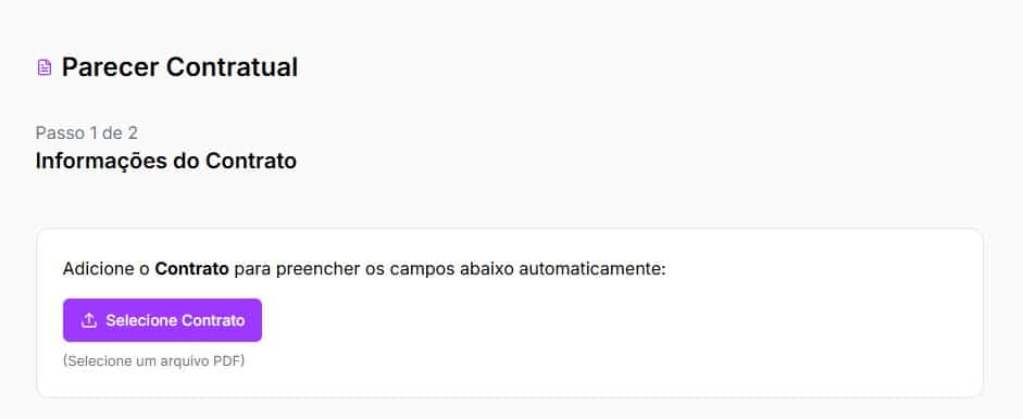 Tela para adicionar informações iniciais do contrato